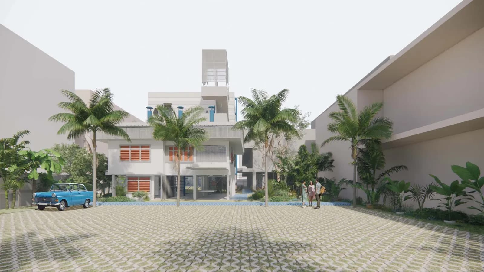 Rendering of the courtyard and renovated buildings of deCentral Bangkok by BEAU architects