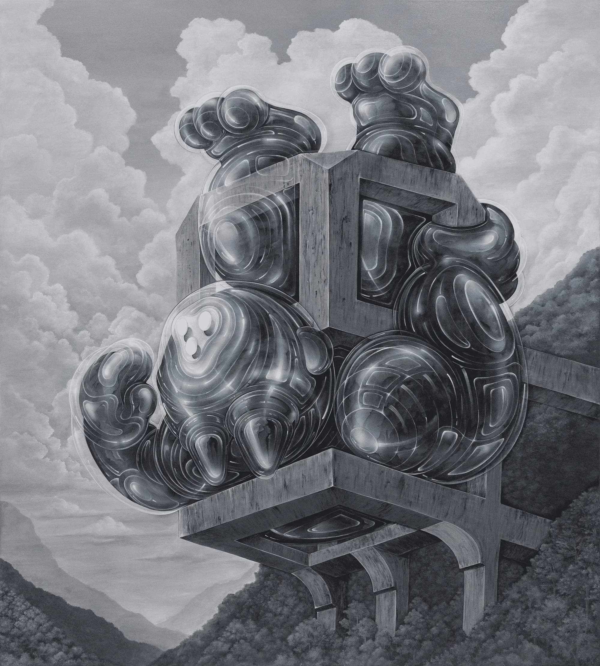 A painting by Tos Suntos showing Enimous trapped in belief structures